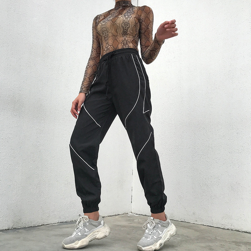 Rapwriter Fashion Reflective Strip Drawstring Sweatpants Women