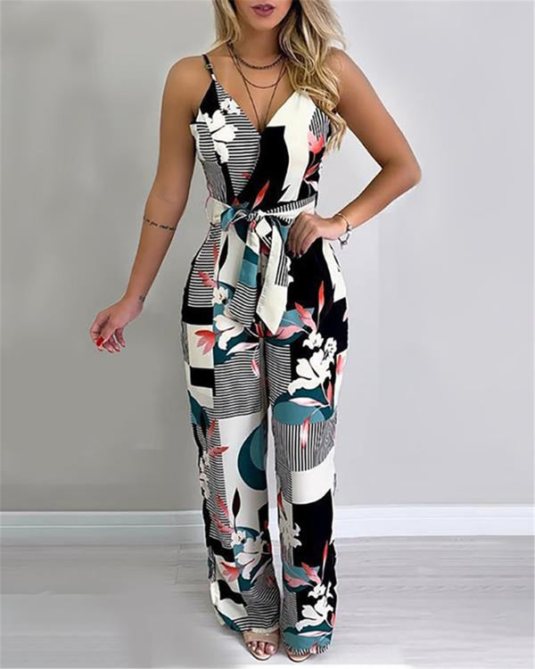 Printed jumpsuit suspenders wide-leg jumpsuit