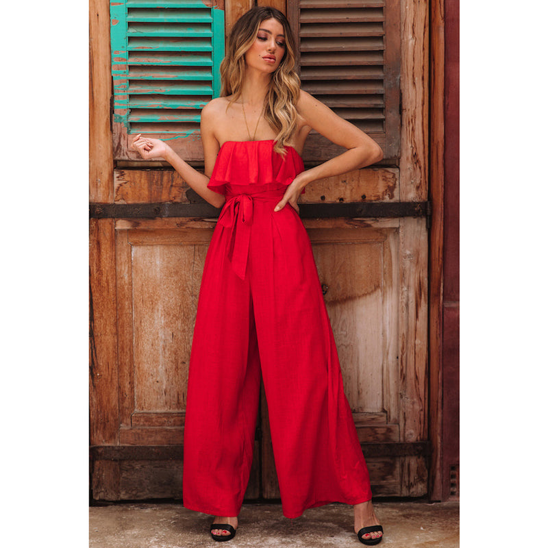 Sexy Tube Top High Waist Wide Leg Casual Trousers Suit Belted Pants Jumpsuit