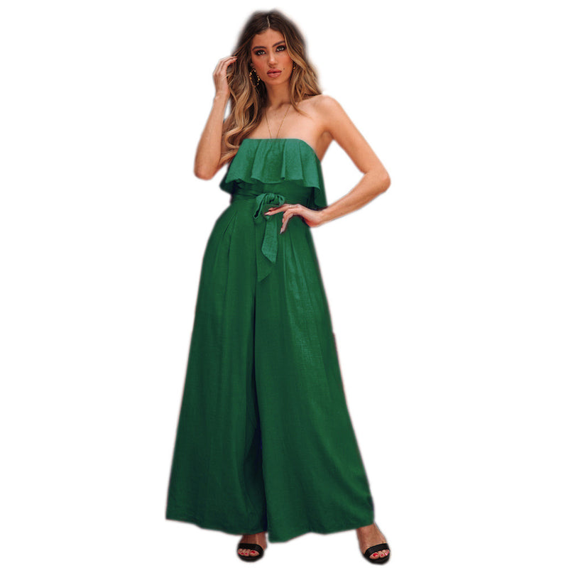 Sexy Tube Top High Waist Wide Leg Casual Trousers Suit Belted Pants Jumpsuit