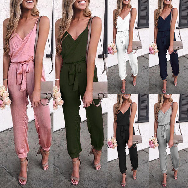 Women Solid Color Suspender Belt Jumpsuit