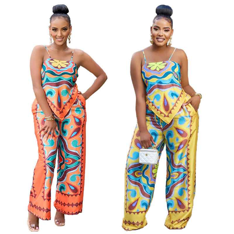 Summer Fashion Printing Sexy Camisole Plus Straight-leg Pants Leisure Suit