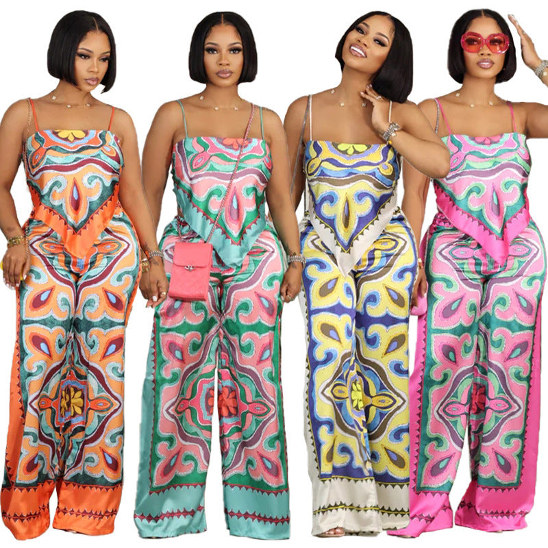 Summer Fashion Printing Sexy Camisole Plus Straight-leg Pants Leisure Suit